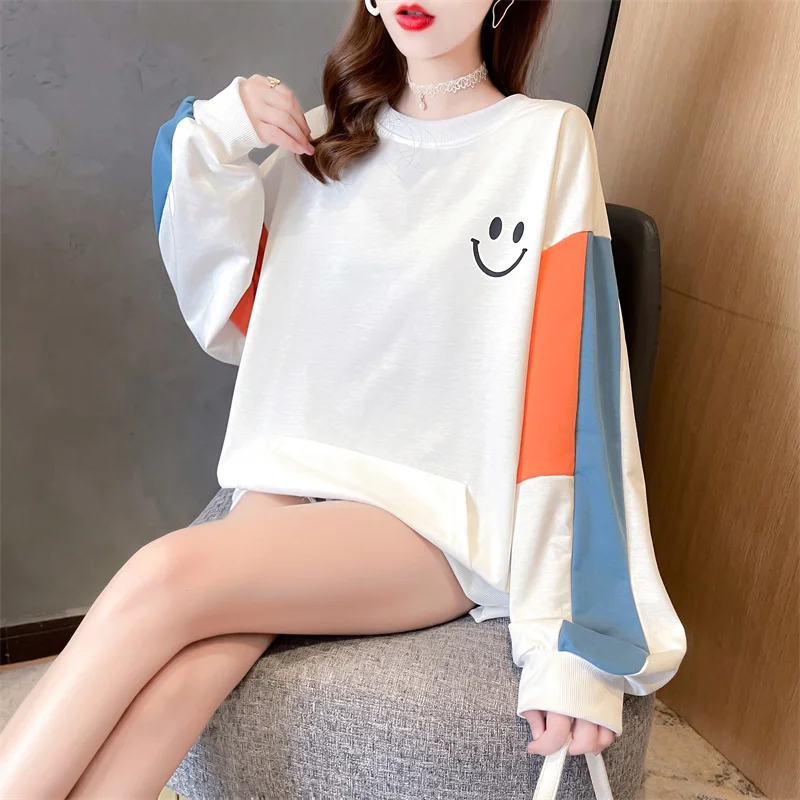 2024 New Women's Thin Long Sleeve Smile Print Pullover Casual Korean Loose Tops Spring Autumn Sweatshirt with Pocket Sports Wear