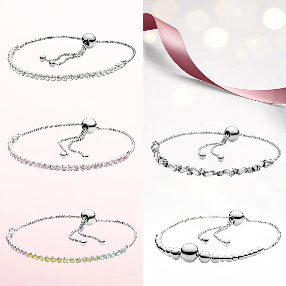 

CHARMING 925 Sterling Silver Mix-Color Sparkling Slider Tennis Bracelet Adjustable String of Beads Slider Bracelet for Friends