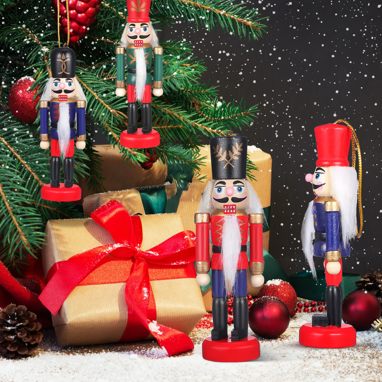 

6Pcs Festive Wood Nutcracker Decorations Mini Christmas Tree Pendants for Home Hotel Coffee Shop Xmas Decorations