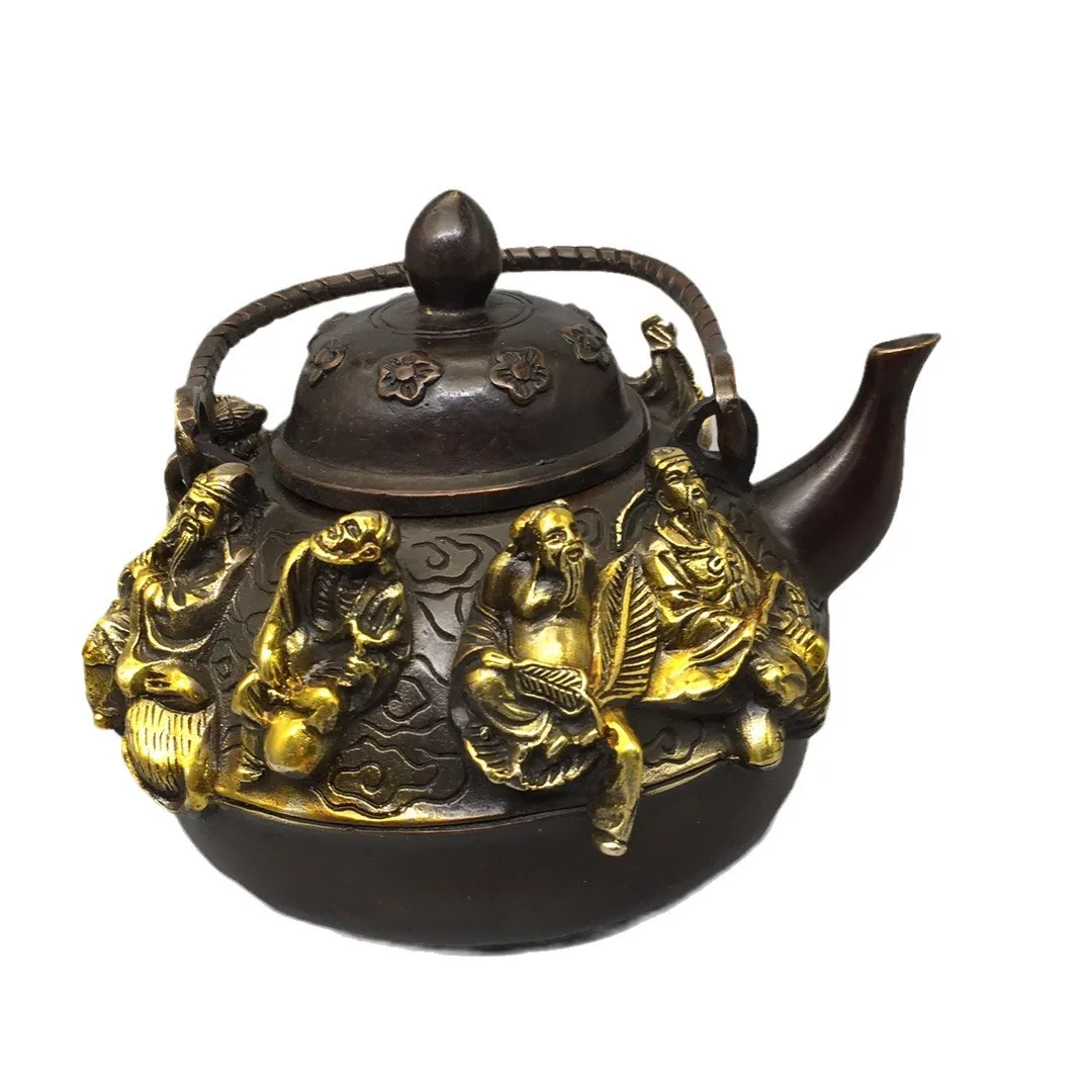 

Pure copper gilt eight immortals round pot teapot pulp old-fashioned home tea ceremony handicrafts gilded brass gilded