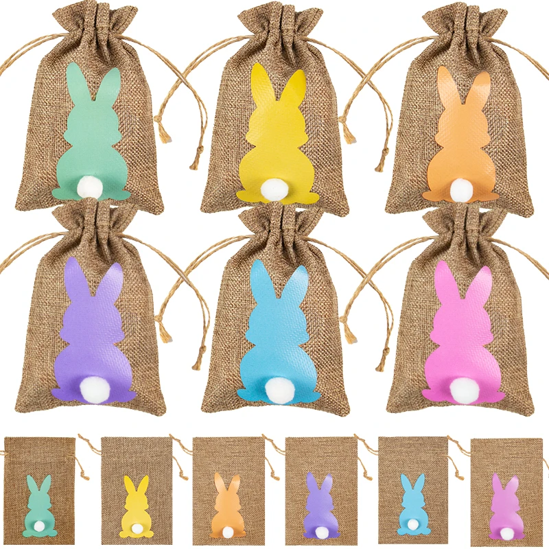 6/12pcs Easter Burlap Gift Bags with Rope Easter Bunny Linen Candy Bags Kids Happy Easter Party Decorations Cookies Pack Bags