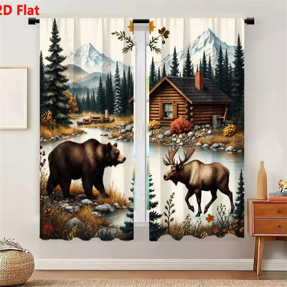 2Pcs Curtains 2D Flat Autumn Wilderness Scene With Brown Bear Moose Stream Log Cabin Snow Capped Mountains And Evergreen Forests