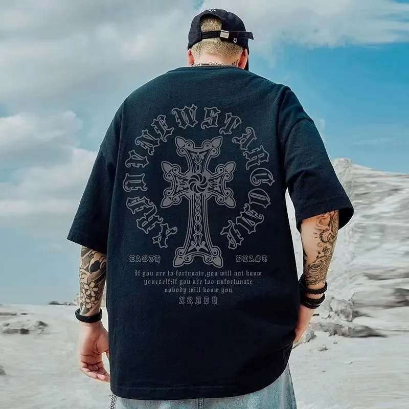 M-8XL Men's T-shirt Oversized Loose and Fashionable Cross Print T-shirt Student Youth Simple Casual Top Summer Couple Outfit image 3