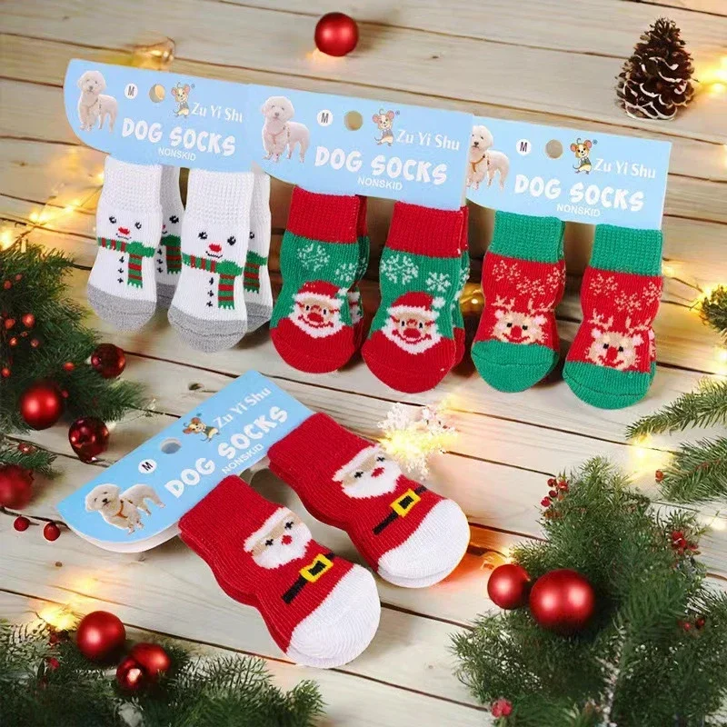 Dog Birthday Gifts Indoors Socks Chihuahua Bulldog 4PCS/set Pet Christmas Gifts Socks Foot Covers, Puppy and Cat New Year Socks