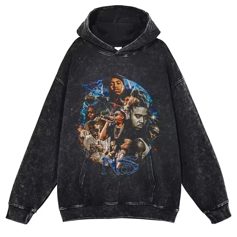 Nas Hoodies Hip Hop Rapper Singer N.A.S. Vintage Washed Hooded Sweatshirts Oversized Pullover Harajuku Retro Hoodie Men Cotton