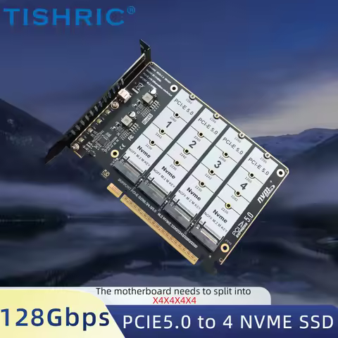 TISHRIC M.2 NVME SSD To PCIE 5.0 4.0 3.0 16X Expansion Card M.2 SSD GEN5 GEN4 4 Port M2 M Key Adapter For 2230 2242 2260 2280