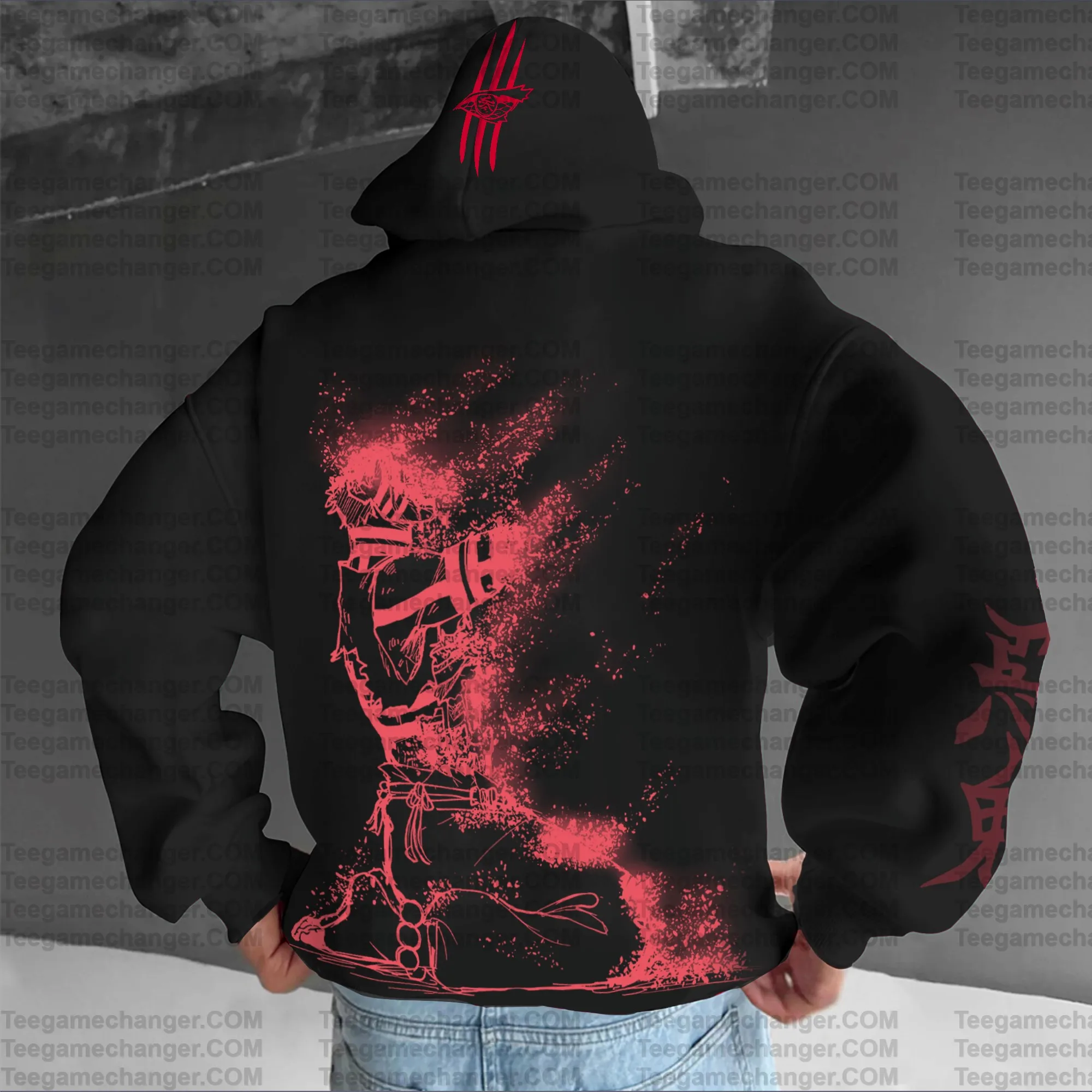 

Anime Black Hoodie Men Women 2025 Winter Cotton Sweatshirt Helmet Character Design Red Floating Effects Back Large Print Sleeve