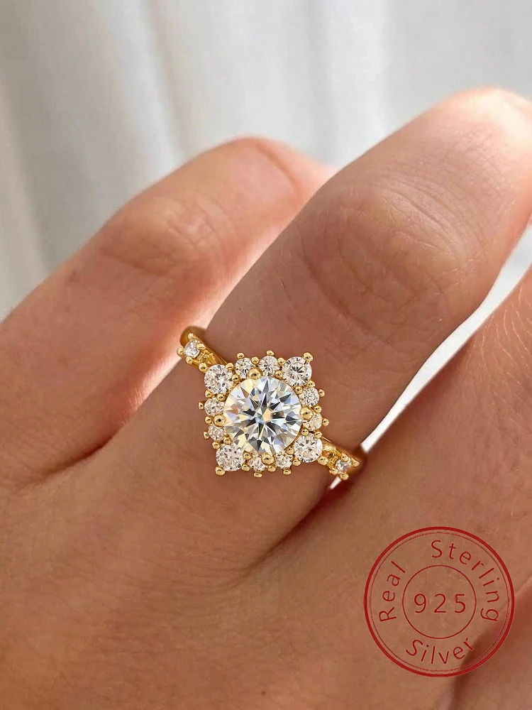 خاتم من الفضة الإسترليني عيار 925 فاخر كلاسيكي لامع أبيض مستدير من الزركون للنساء لذكرى الزفاف والارتداء اليومي مجوهرات فاخرة فاخرة