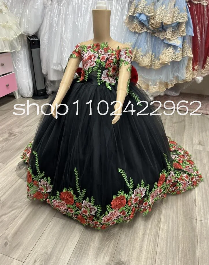 Charro messicano Little Princess Flower Girls abiti 2025 Applique floreale a maniche lunghe con fiocco Teddy Mini abito Quinceanera