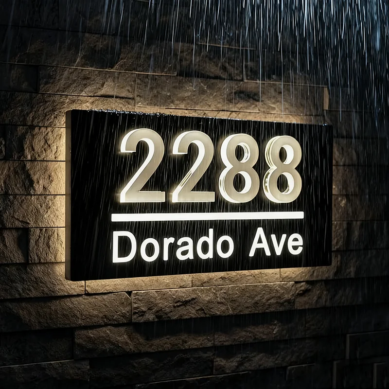 

Custom Outdoor House Number Sign Waterproof LED Illuminated Family Address Sign Laser Cut Acrylic Plate Personalized Exterior
