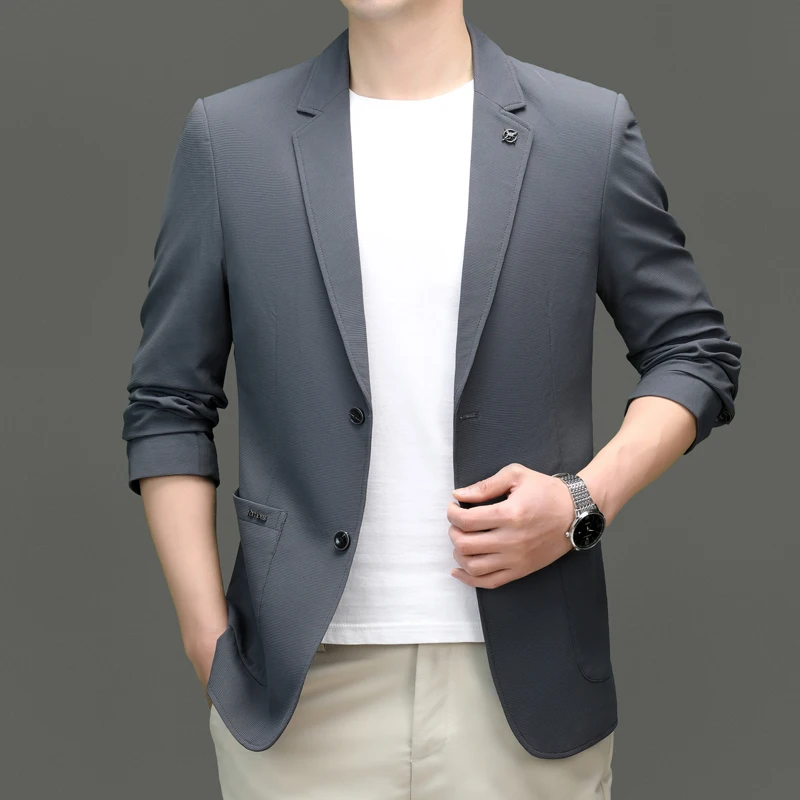 Spring Autumn Men Tailored Blazers Blue Gray Khaki Black Slim Fitting Suit Jackets Male Smart Casual Outfits Solid Color Attire