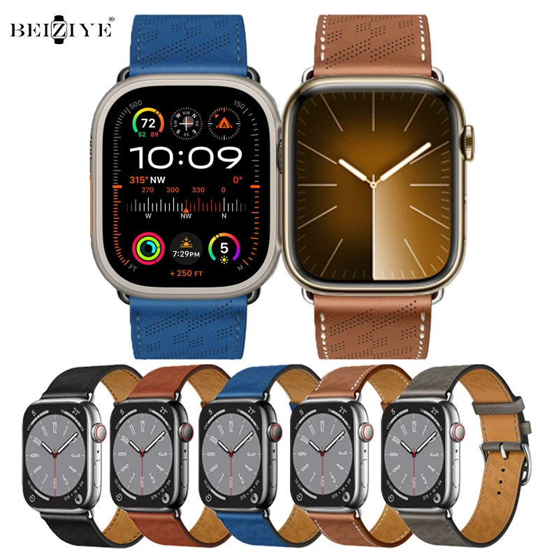 Logo Leather Strap for Apple Watch Series 10 9 8 7 Breathable Band 46mm 44mm 45mm 41mm 40mm 42mm Bracelet for IWatch Ultra2 49mm