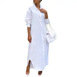 Trendy Straight Dress Versatile Long Shirt Long Sleeve Pure Color Oversize Maxi Shirt Cardigan Hem