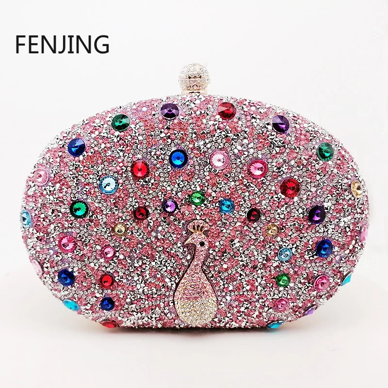 Design circular feminino sacos de noite strass festa casamento nupcial saco embreagem diamantes metal pavão animal pequenas bolsas 2024