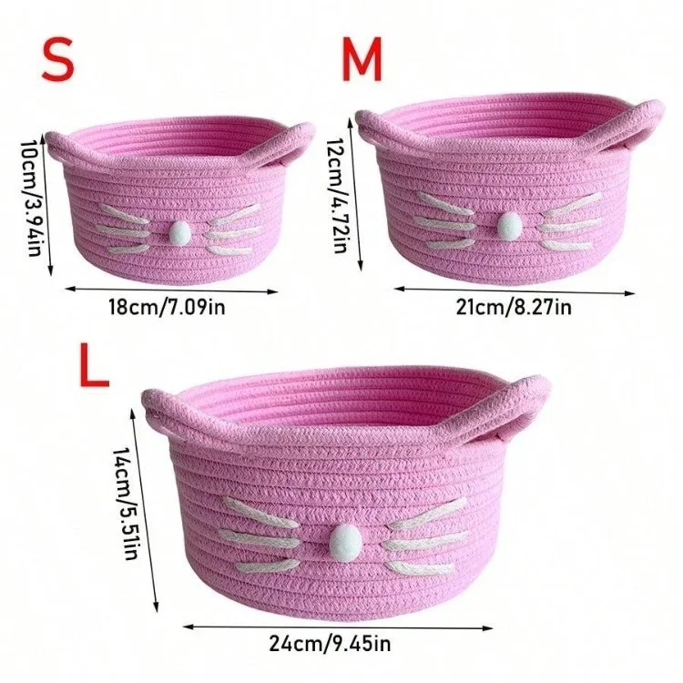 Cartoon Cat Hand Woven Storage Basket With Ears Kids Toys Sundries Laundry Desktop Organizer Box Space-Saving Decorative Bins