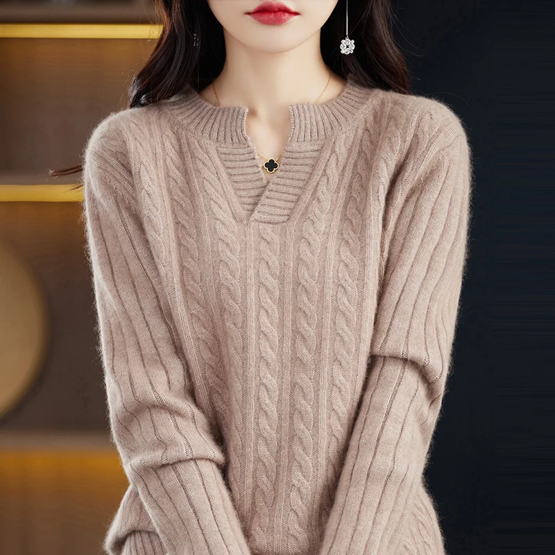 Mink cashmere sweater half open neck sweater for women Outer wear base shirt autumn and winter 2023 pullover knitted twisted top