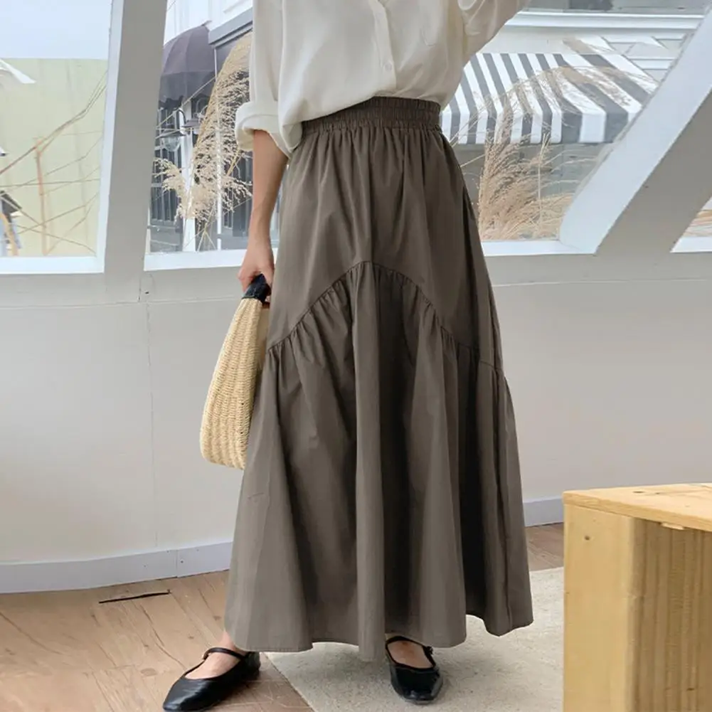 

Commuting Skirt Elastic Waist Women's Maxi Skirt Solid Color A-line Style with Retro Wavy Pleats Casual Loose Fit Long for A