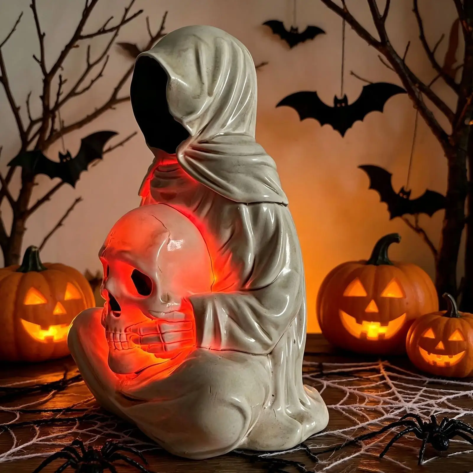 Halloween Statues LED Light Spooky Reaper Resin Skull Halloween Glowing Statue For Bedroom Study Room Office Desk Bookshelf