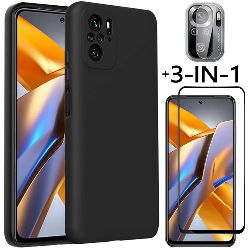 3-in-1,tempered glass + tpu case for poco m5s soft anti-shock back phone cases pocophone m 5 xiaomi poco-m5s cover poco m5s case