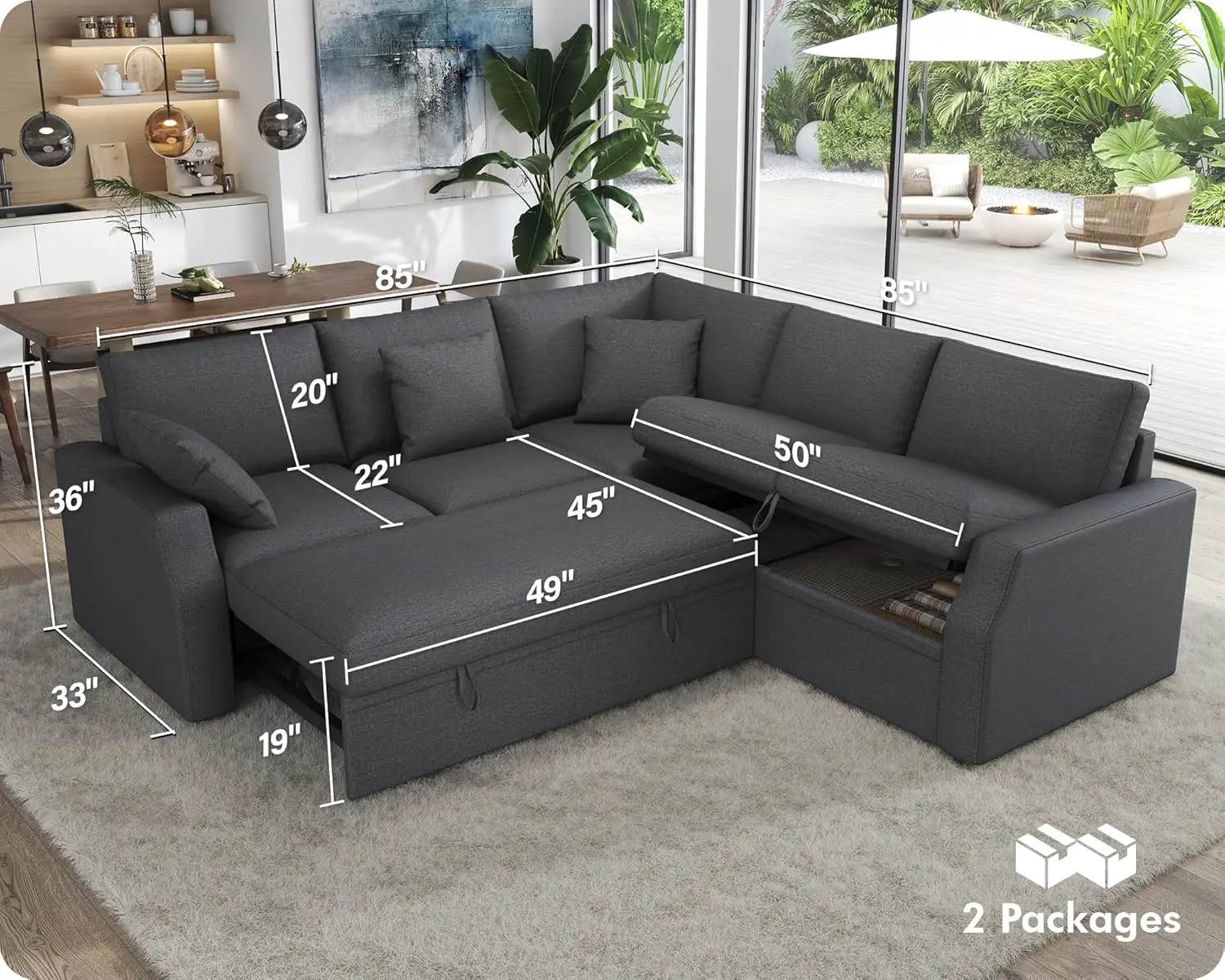 85 Inch Sleeper Couch with Storage Seat, L Shaped Sofa with Pull Out Sofa Bed, Sectional Couches for Living Room Apartment