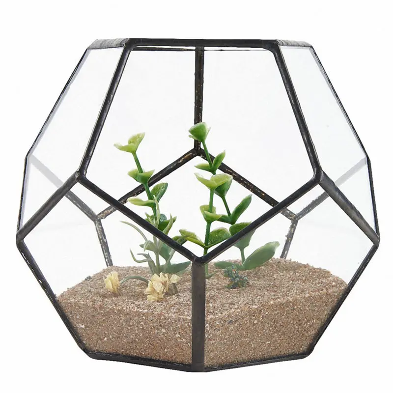 Black Glass Pentagon Geometric Terrarium Container Window Sill Decor Flower Pot Balcony Planter Diy Display Box (No Plant)