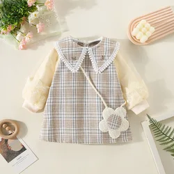 New Winter Baby Girls Dress Bubble Sleeve Lapel Plaid Pattern Fake Two + Diagonal Treasure Flower Sweet Princess Dress