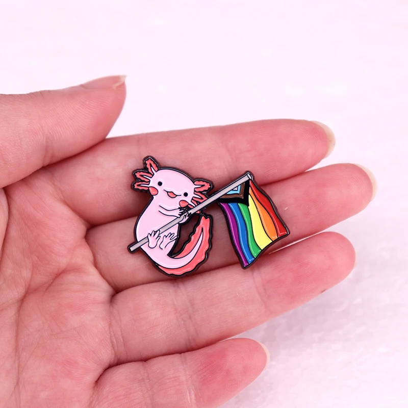 Happy Pride Rainbow Flag Axolotl Enamel Pin Kawaii Animal Brooch LGBT Gifts Jewelry Backpack Decorate view 3