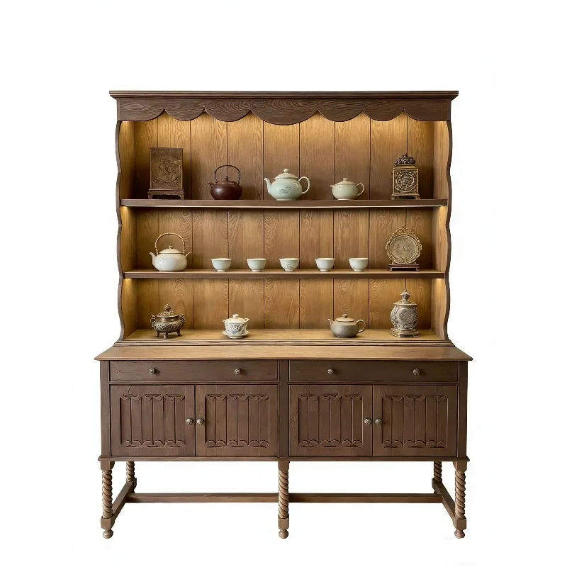 Customized antique jewelry display cabinets, high cabinets against the wall in the buyer's store, antique collection tea sets