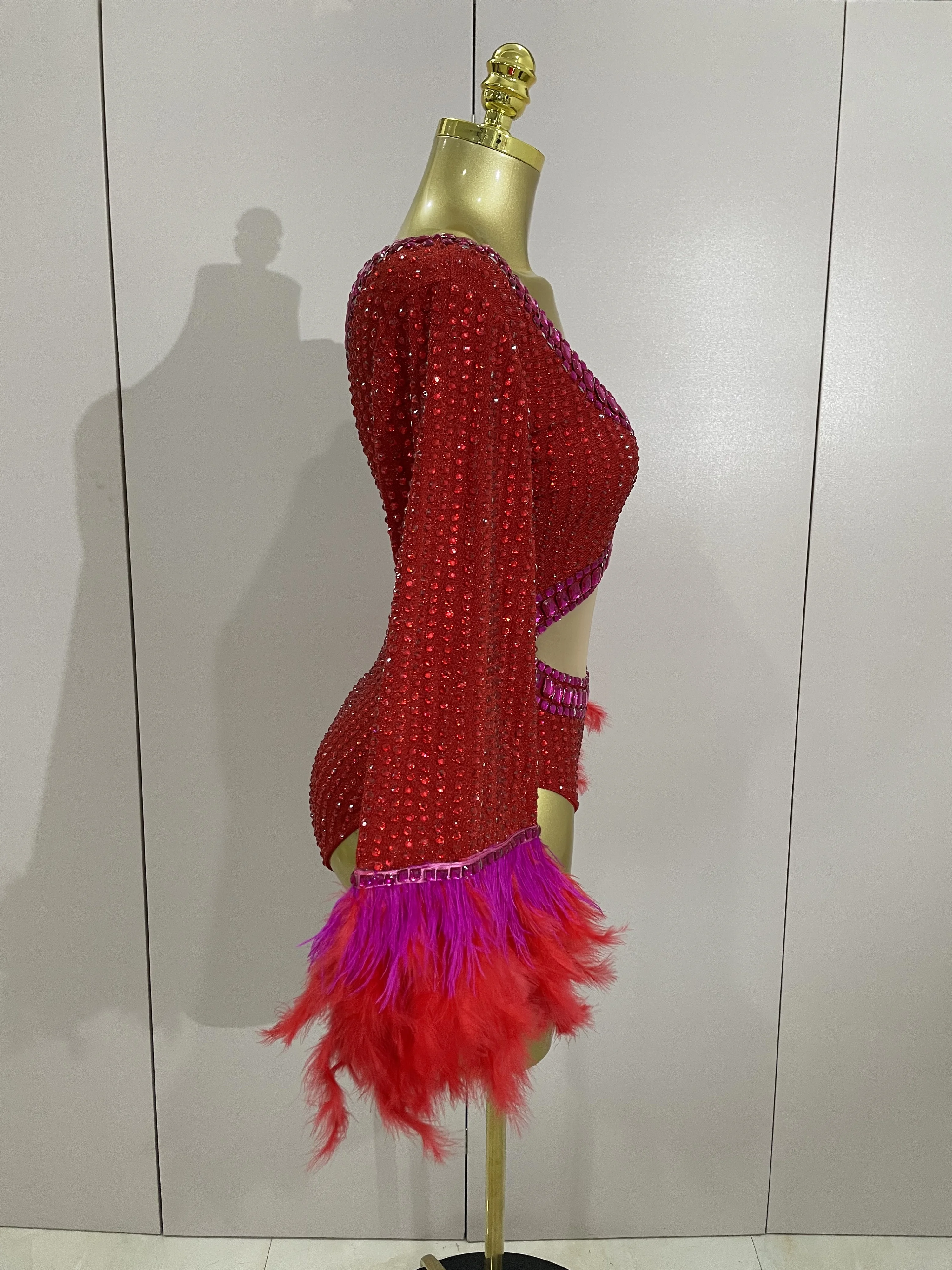 ผู้หญิงหรูหรา Rhinestones Feather ตาข่ายแขนยาวเซ็กซี่ NightclubSinger Dancer Leotard STAGE เครื่องแต่งกาย