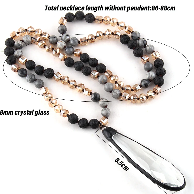 RH Fashion Bohemian Jewelry Accessory 8mm Stones Knotted Crystal With Long Glass Pendant Necklaces For Women Gift