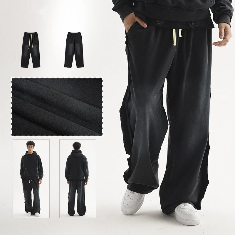 Mens American Street Trend Spray Wash Trousers High Quality Loose Fit Distressed Edge Patchwork Casual Pants