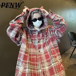 PFNW Vintage Fringed Patchwork Hooded Vintage Plaid Men 's Jacket Autumn 2024 New Niche Design Oversize Shirt Sytle Coat 12C1142