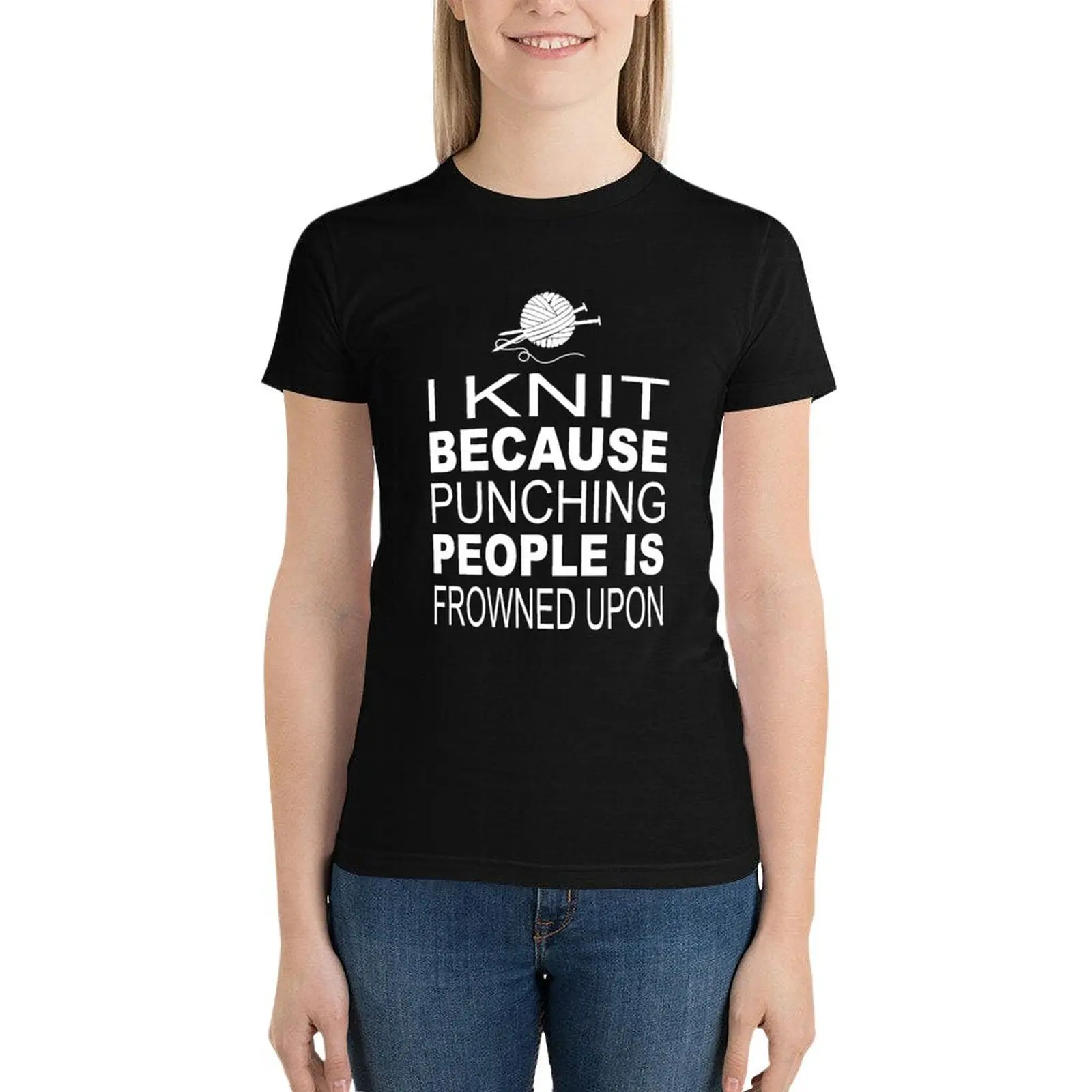 

I knit because punching people is frowned upon T-Shirt anime clothes animal print shirt for girls graphic t-shirts for Women