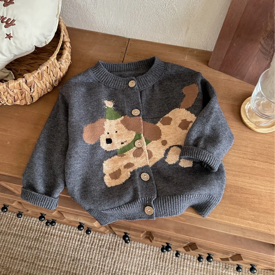 

​​2025 Fall Winter Kids Cardigan Dog Jacquard Knit Sweater Round Neck Top Soft Cotton Unisex Boys Girls Fashion