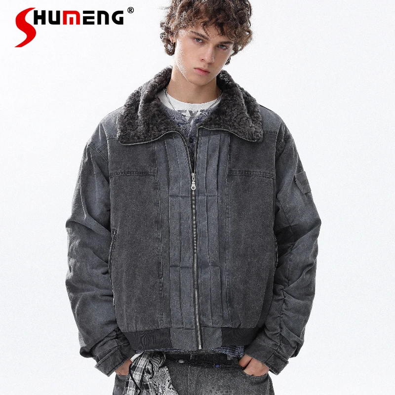 

Fashion Pleated Design Thickened Parkas Men 2025 Winter New Trendy Loose Warm Coats Male Handsome Multi Zipper Design Jackets