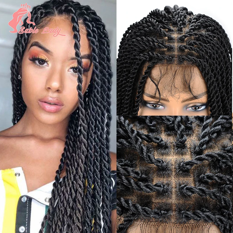 36" synthetische volle Spitze geflochtene Perücken Zöpfe Haar Perücke Spitze vorne Twist Flechten knotenlose Box Braid Perücke für schwarze Frauen Sable Lady