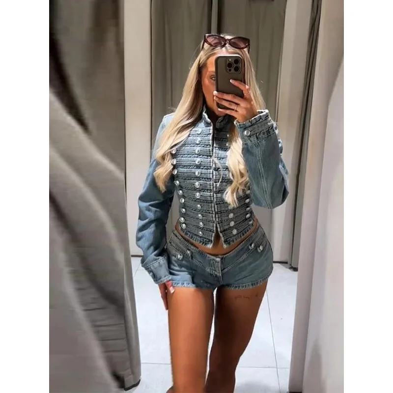 Chic Stand Collar Denim Coat Shorts Set Women Multiple Rows Button Decoration Jacket Low Waist Jean Shorts Retro High Streetwear view 3
