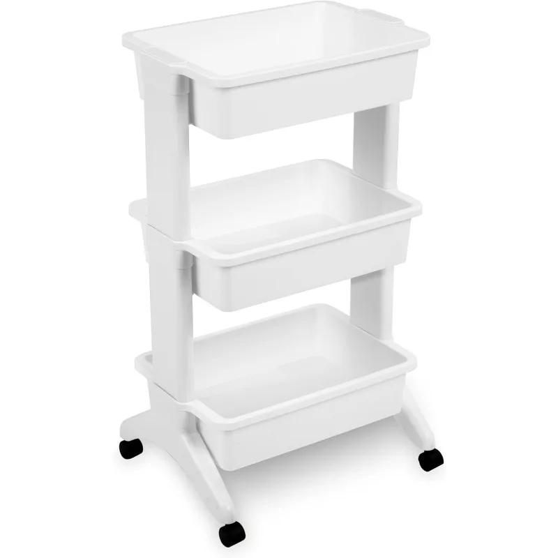 Plastic Bin Rolling Cart with Wheels Organize and Store Items in Home, Easy Assembly, White, 3-Pa