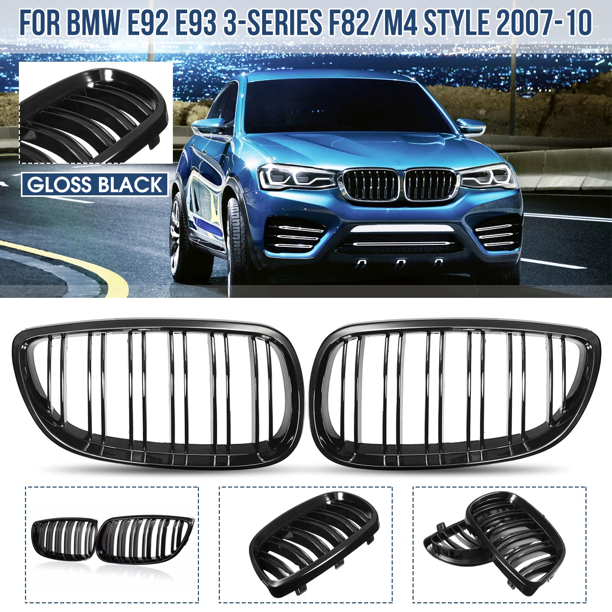 Paar Frontstoßstangen-Nierengrill für BMW E92 E93 M3 2006 2007 2008 2009, glänzend schwarzer Auto-Renngrill, Dual-Line-Sportgrill