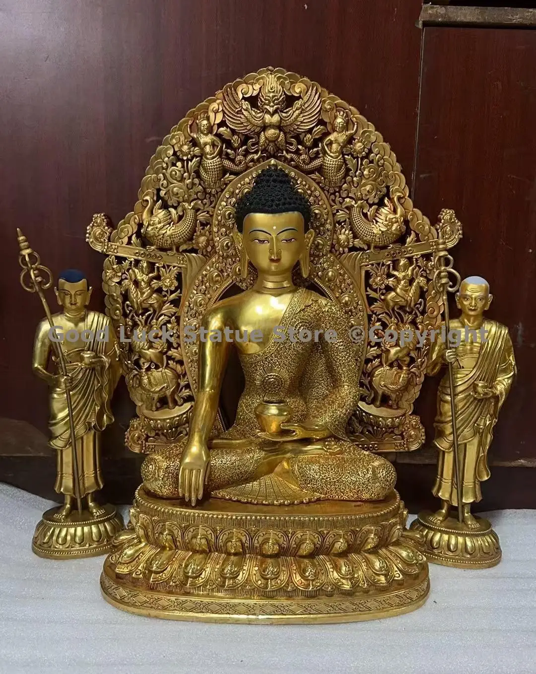 A set 3PCS Buddhism temple believer Buddha statue supplier wholesaler Offering Shakyamuni with power backlight two disciples