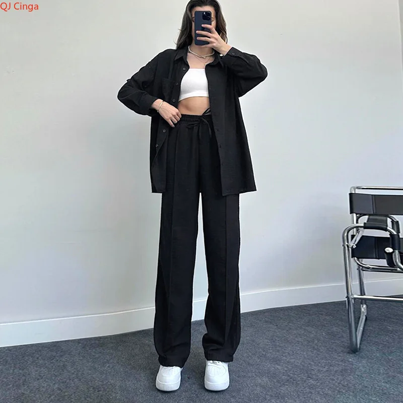 New Autumn Red Women Casual Two-piece Set, Features A Thin Long-sleeved Lapel Shirt Paired with Matching Drawstring Trousers.