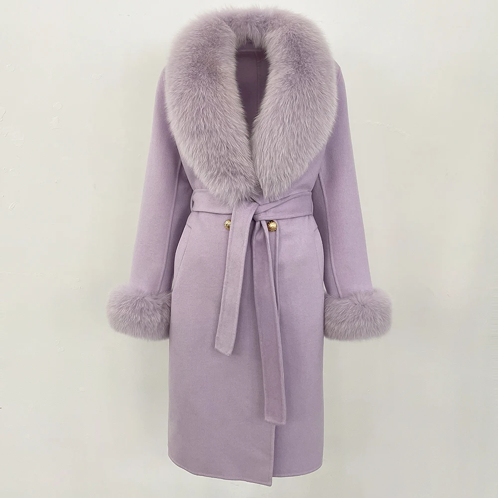 

Real Fur Coat Double Breasted Woolen Jacket Belt Warm Cashmere New Fashion Long Coat 2026 Winter Women Natural Wool Blends
