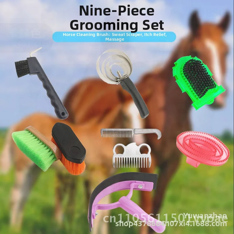 طقم استحمام حصان مكون من تسع قطع مع حقيبة تخزين - فرشاة تدليك مشط شعر الحصان من الفولاذ المقاوم للصدأ والخيول #3