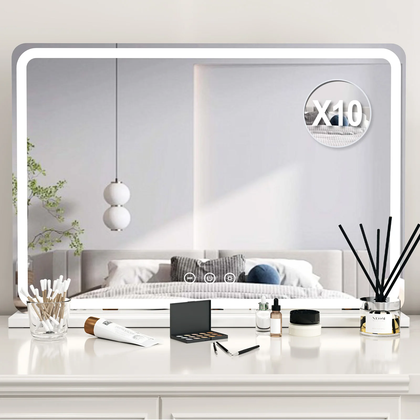 Image of Großer beleuchteter Schminkspiegel mit LED-Lichtern, 80x55cm Hollywood-Makeup-Spiegel, dimmbarer Kosmetikspiegel für den Schminktisch im Schlafzimmer