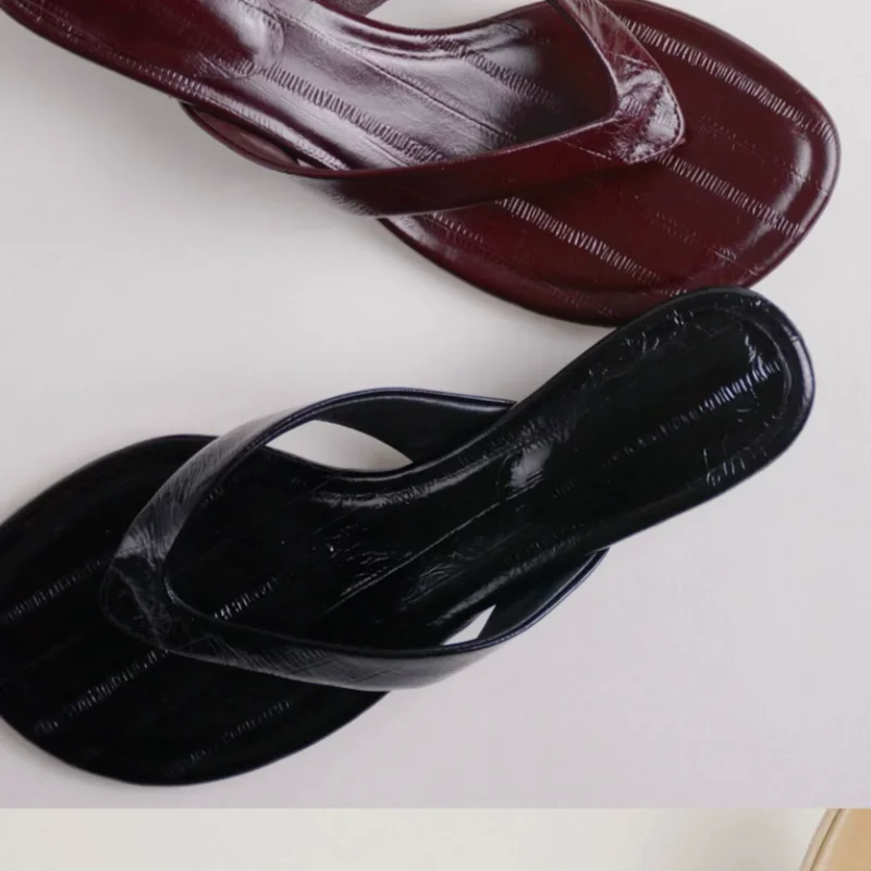 Flip-flops Shoes for Womens Round Toes Flat Heels Sewing Lines Chassure Femme Solid Ladies Zapatos De Mujer PU Leather Slipper