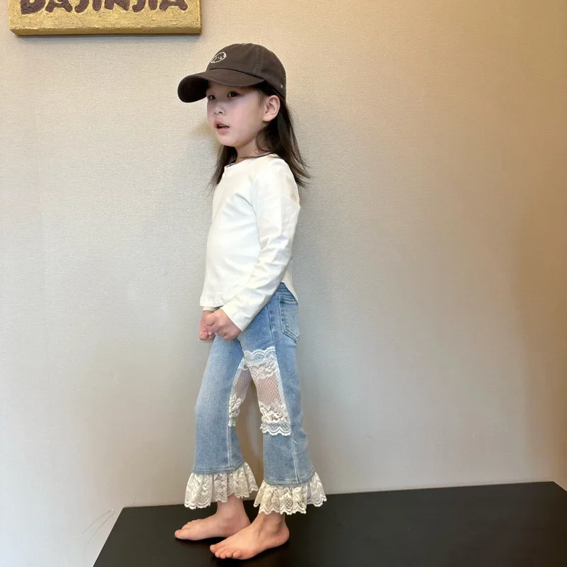 2024 Korea Kids Girl Jeans Baby Girls Cute Lace Patchwork Bell Bottoms Toddler Sweet Pants Denim Trousers Blue Jeans 2-8y