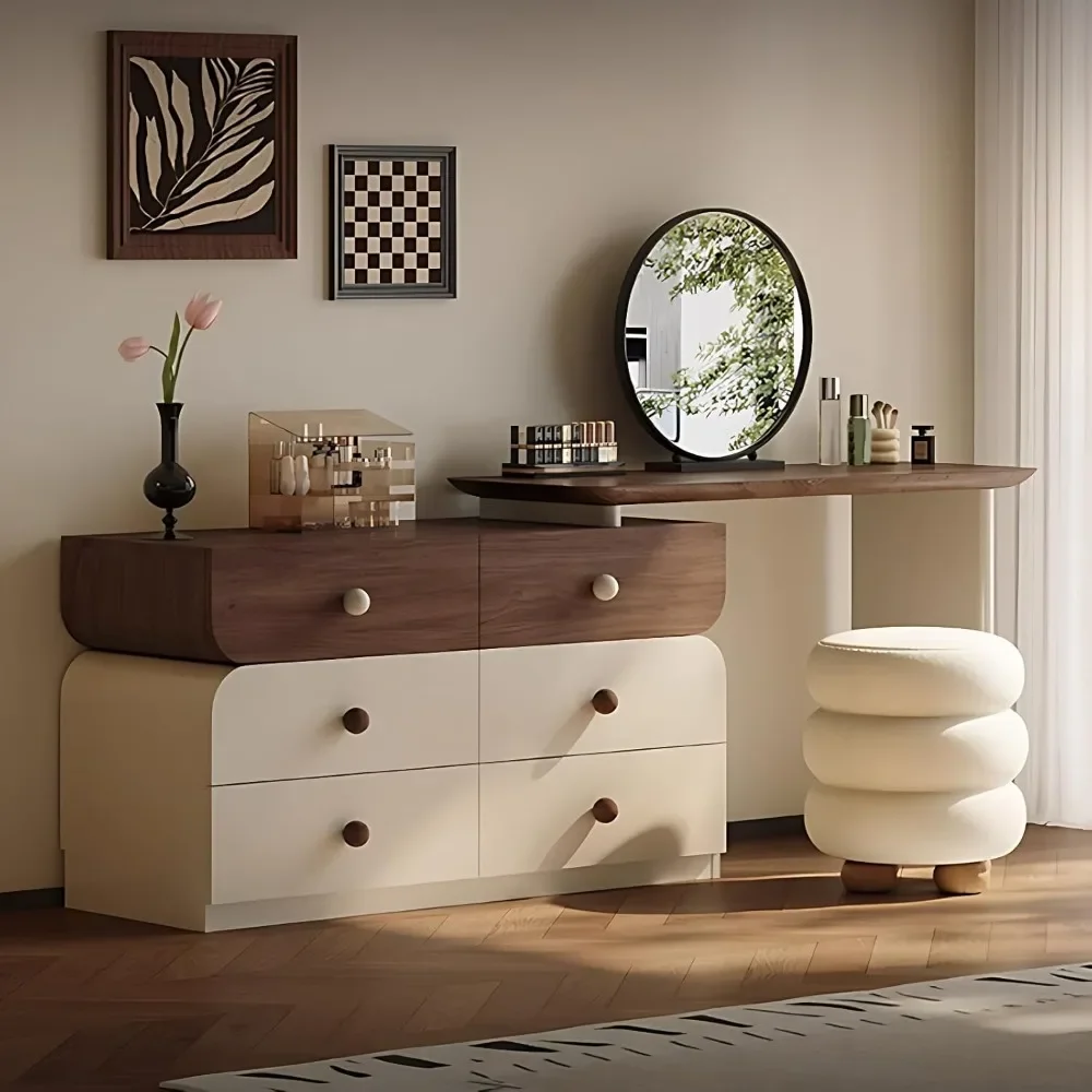 Vanity Table - Solid Wood Makeup Vanity with 6 Drawers & Mirror, Multi-Functional Storage for Bedroom,Includes Makeup Stool