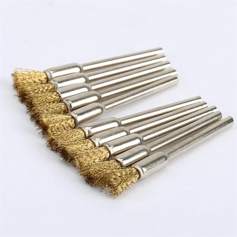 10Pcs Pencil Brushes Copper Wire Mounted Wire Wheel 3.17mm Shank Mandrel Set for Polishing Cleaning Deburring Power Rotary Tools