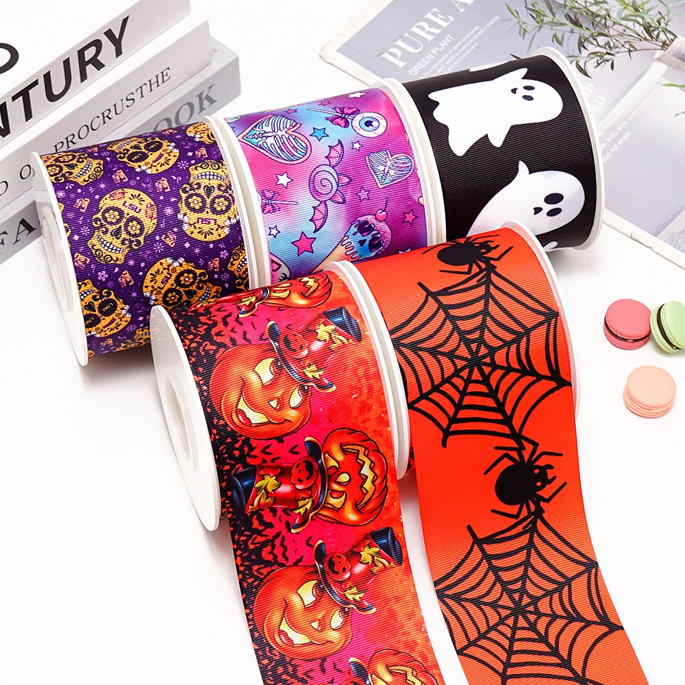 5 Yards Halloween Ghost Bat Jack-o-lantern Printed Grosgrain Ribbons For Bows DIY Craft Decoration Packaging Supplies. 81386