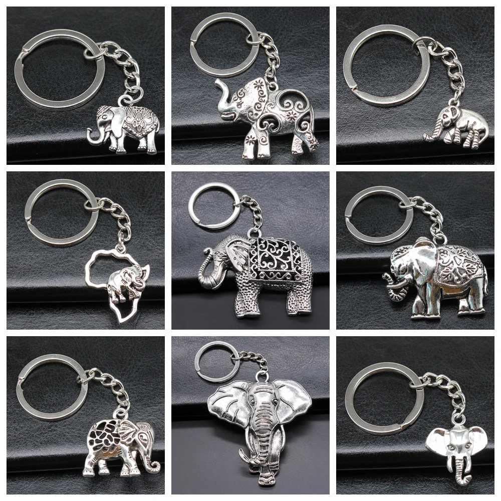 New Fashion Men Car Keychain Key Ring DIY Metal Holder Chain Vintage Elephant Ancient Bronze Silver Color Pendant Gift